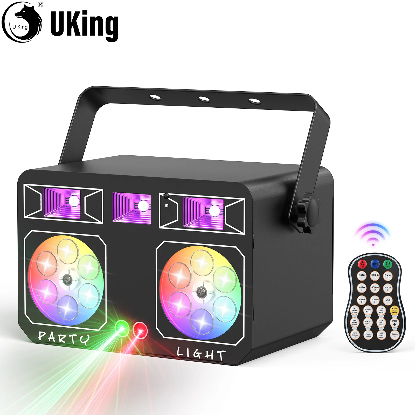 U'King LED-feestlicht met draaibaar patroon 5IN1 gemengd effect podiumlicht UV / witte DJ-stroboscooplichten voor disco DJ-lichtbruiloft