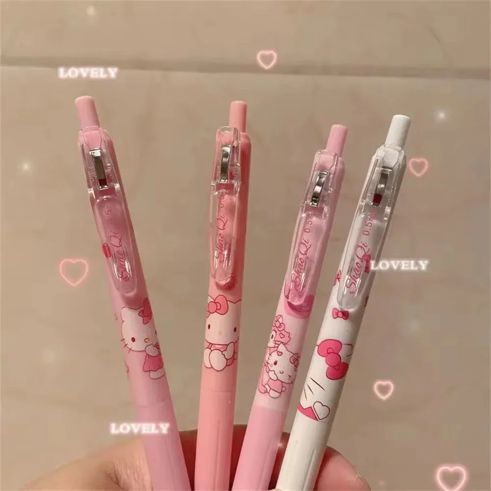 4pcs/HelloKitty Pen Anime Sanrio 0.5mm Gel Pens Girls Stationery Press Pen Kawaii Pink Student Supplies Children Writing Tools