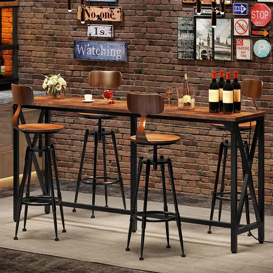 

Bar Table, Kitchen Dining Table with Power Outlet and Footrest, Industrial Style, for Pub, Living Room, Rustic Brown and Black T