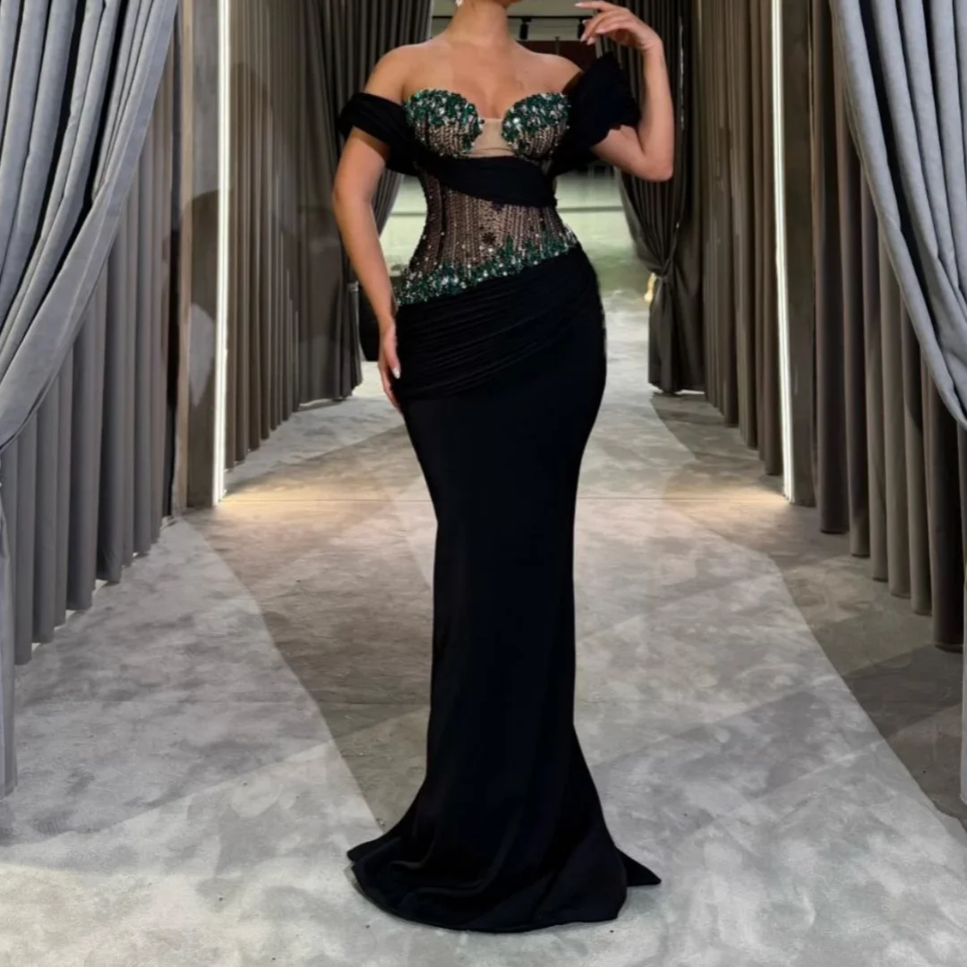 

Sparkly Beaded Rhinestones Evening Dress Black Straight Prom Dresses Elegant Satin Off Shoulder Wedding Party Gown Customized