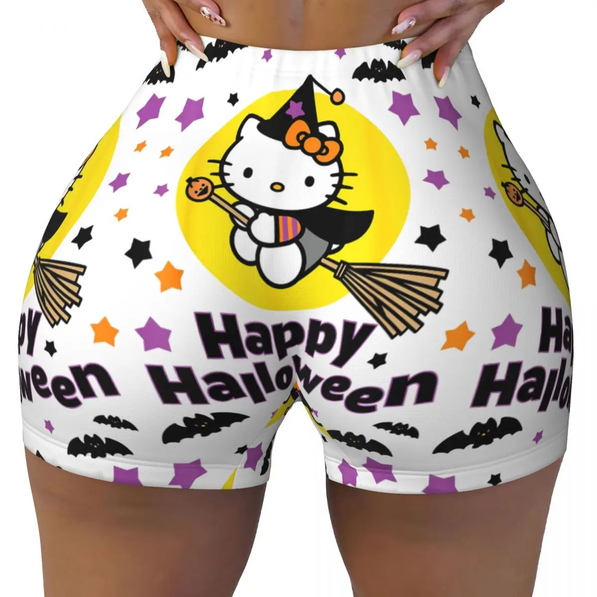 Woman Athletic Workout Yoga Tight Shorts Hello Kitty Happy Halloween High Waist Shorts Fitness Pants