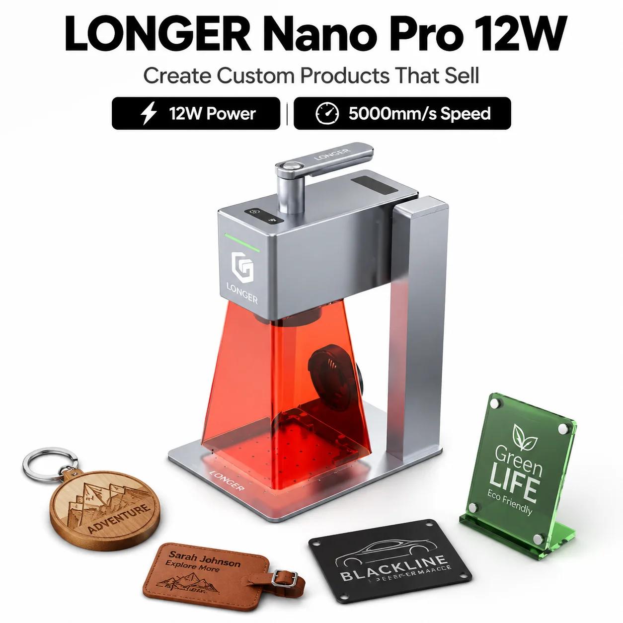 LONGER Nano Pro 12W Portable Laser Engraver, 5000mm/s Galvo Laser Machine with 0.02mm Precision, Up to 10mm Wood Cutting, WiFi USB App Control for Custom Gifts, Keychains, Tags, Signs and Small-Batch Crafts