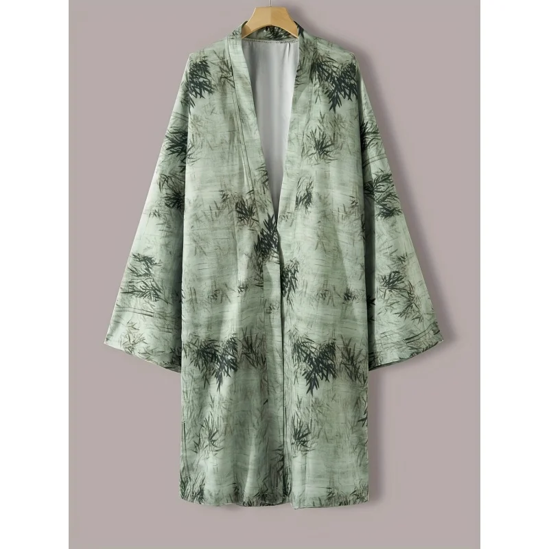 Japanese Style Women's Spring and Autumn Kimono Cardigan Mid-Length Retro Casual Bamboo Leaf Printed Fashionable Elegant Long Sl