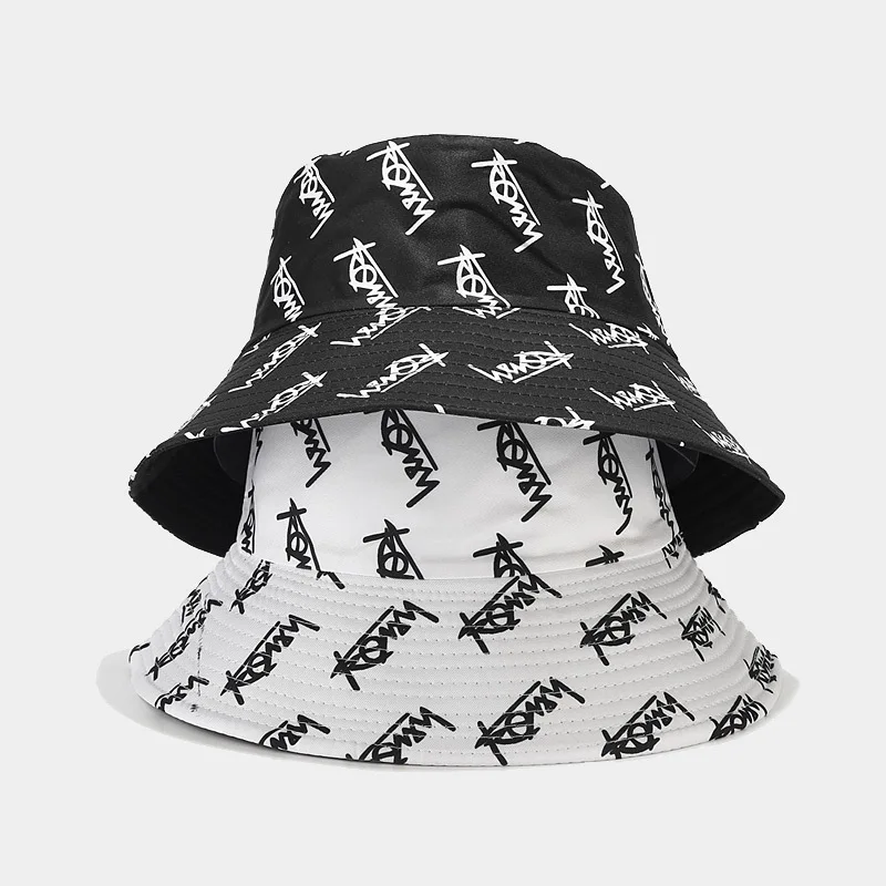 Fashion Print Wide Brim Bucket Hat For Women Men Korean Letter Embroidery Outdoor Sun Hats Double Side Wear Fisherman Panama Cap