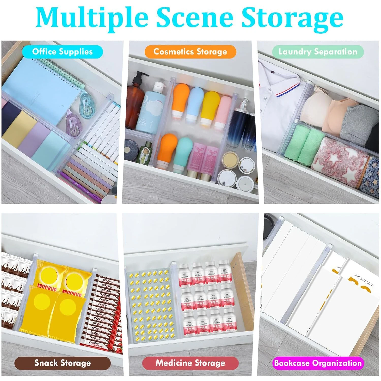 فواصل الأدراج، 12 عبوة من منظم الأدراج القابل للتعديل، منظم خزانة شفاف قابل للتوسيع لتخزين أدوات المطبخ للملابس