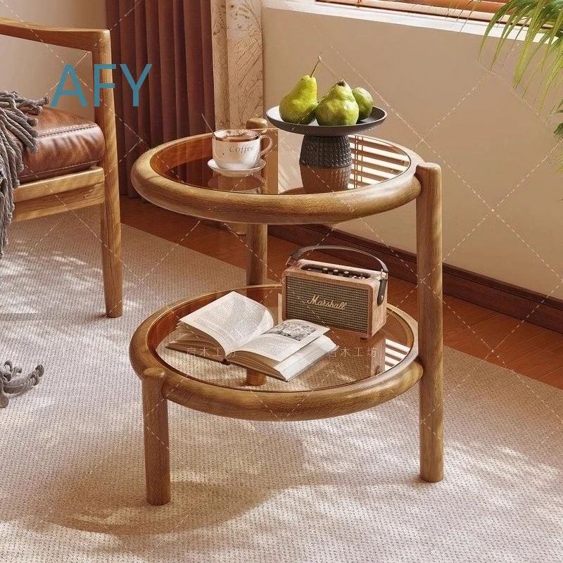 Vintage Side Table for Living Room Bedroom Balcony Patio Solid Wood Double Tier Corner Round Coffee Table End Table for Small