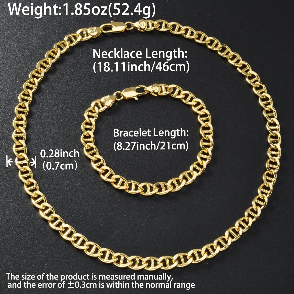 Mariner Wheat Link Jewelry Set 2Pcs Gold Plated Choker Necklace Bracelet Anti Tarnish Hip Hop Jewelry Accessory Gift Men Women