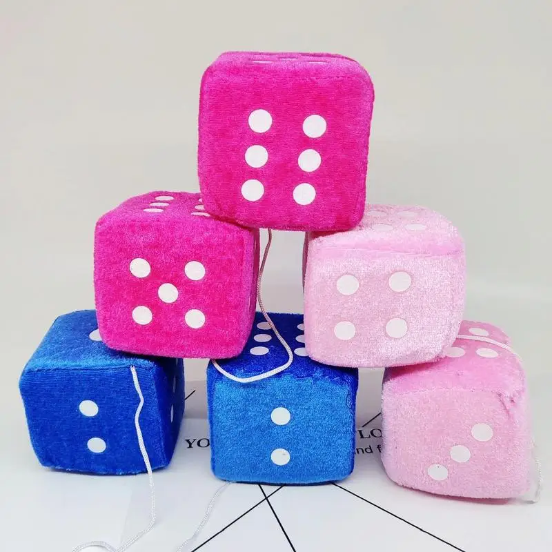 Fuzzy Plush Dice with Dots Retro Square Plush Hanging Mirror Fuzzy Dices for Pink Car Interior Ornament Decoration Accessories