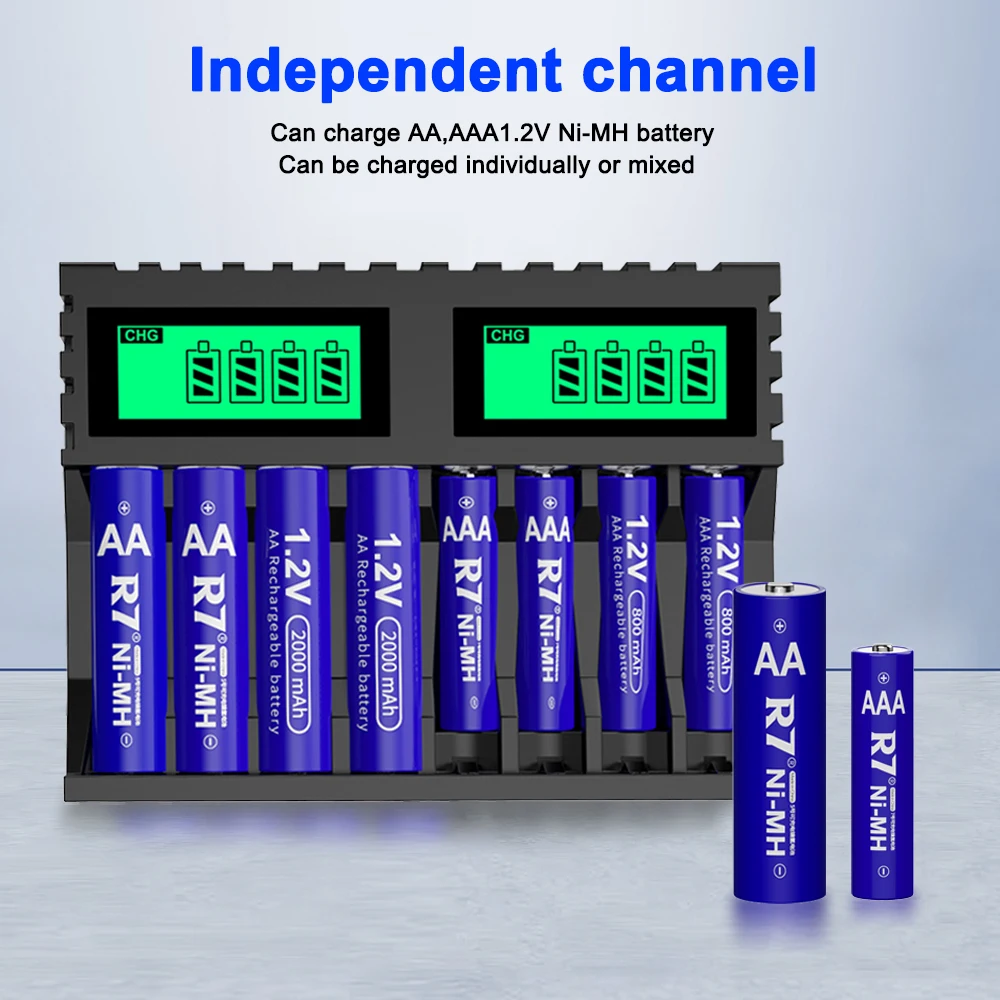 R7 12pcs AA and 12pcs AAA 1.2V NiMH Rechargeable Battery AA Batteries 2000mAh AAA Battery 800mAh + 8-Slot Fast Battery Charger