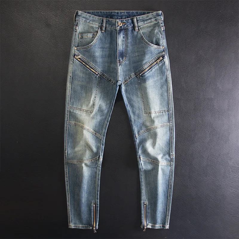 

Retro vintage motorcycle spliced jeans, men's fashion trend, elastic slim fit, small leg denim pants