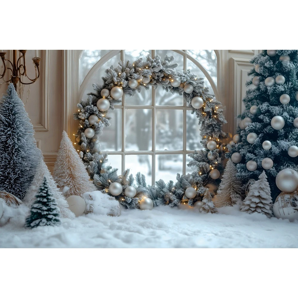 Winter Schnee Weihnachten Hintergrund Weihnachtsbaum Europäischen Fenster Weihnachten Erwachsene Kinder Porträt Fotografie Hintergrund Dekor Foto Studio