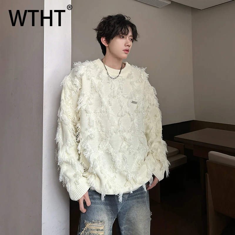 WTHT Fashion 2025 Autumn Men‘s Solid Color Ribbon Casual T-shirts Trendy American Style O-neck Loose Tops Male 2A2158
