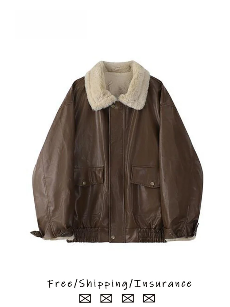 خروف الفراء طوق السائق Jaet المرأة الشتاء Thiened Fce اصطف سستة الرجعية الجلود الفراء Inteated دراجة نارية الأعلى العصرية