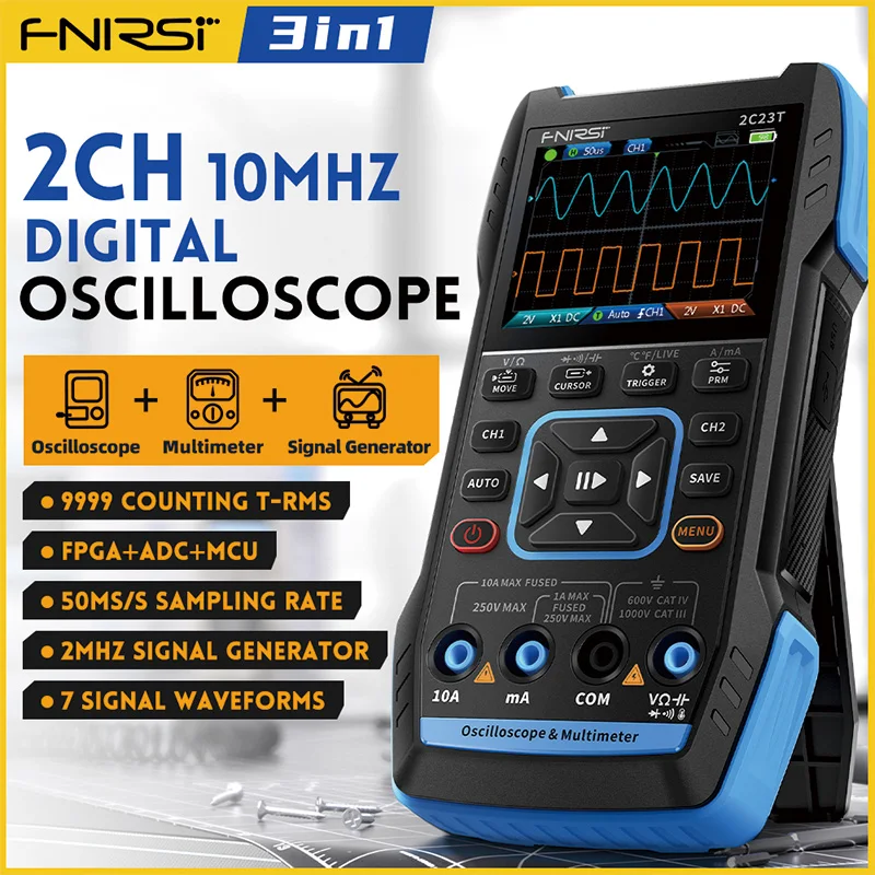 

FNIRSI 2C23T 3 in 1 Multimeter Digital Oscilloscope Function Signal Generator 9999counts AC DC Voltage 50MS/s 10MHz Dual Channel