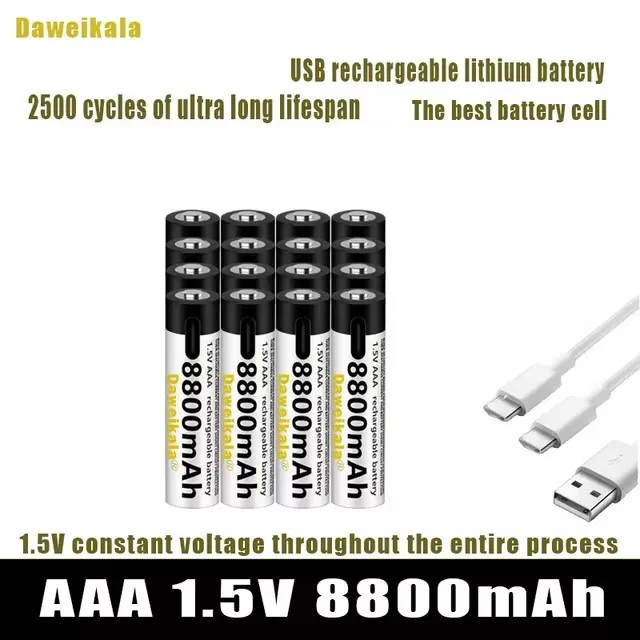 2024 New USB-C 1.5V AAA Battery Fast charging Li-ion Battery 8800mAh for Remote Control Mouse Electric Toy Battery +Type-C Cable