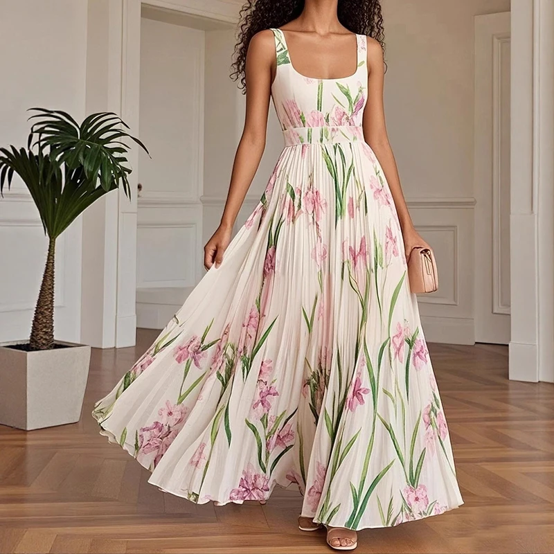 

Summer New Women's Slim Fit Printed Camisole Dress with Fashionable and Elegant Temperament Pleated Dress