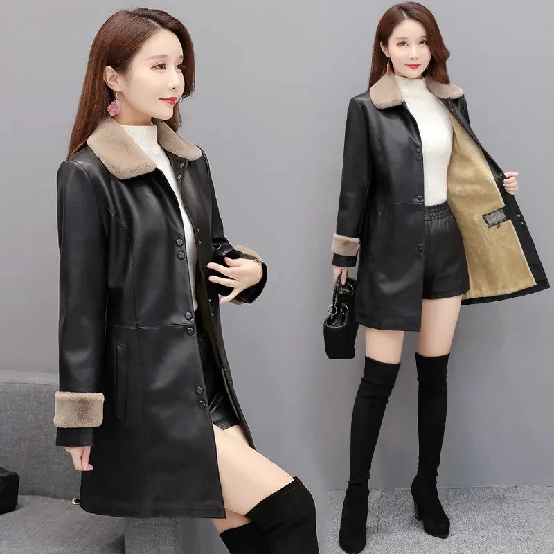 

2025 New Winter Plus Velvet Thick Warm Faux Leather Jackets Trench Coat Female Fashion Women Long Leather Jacket Coats