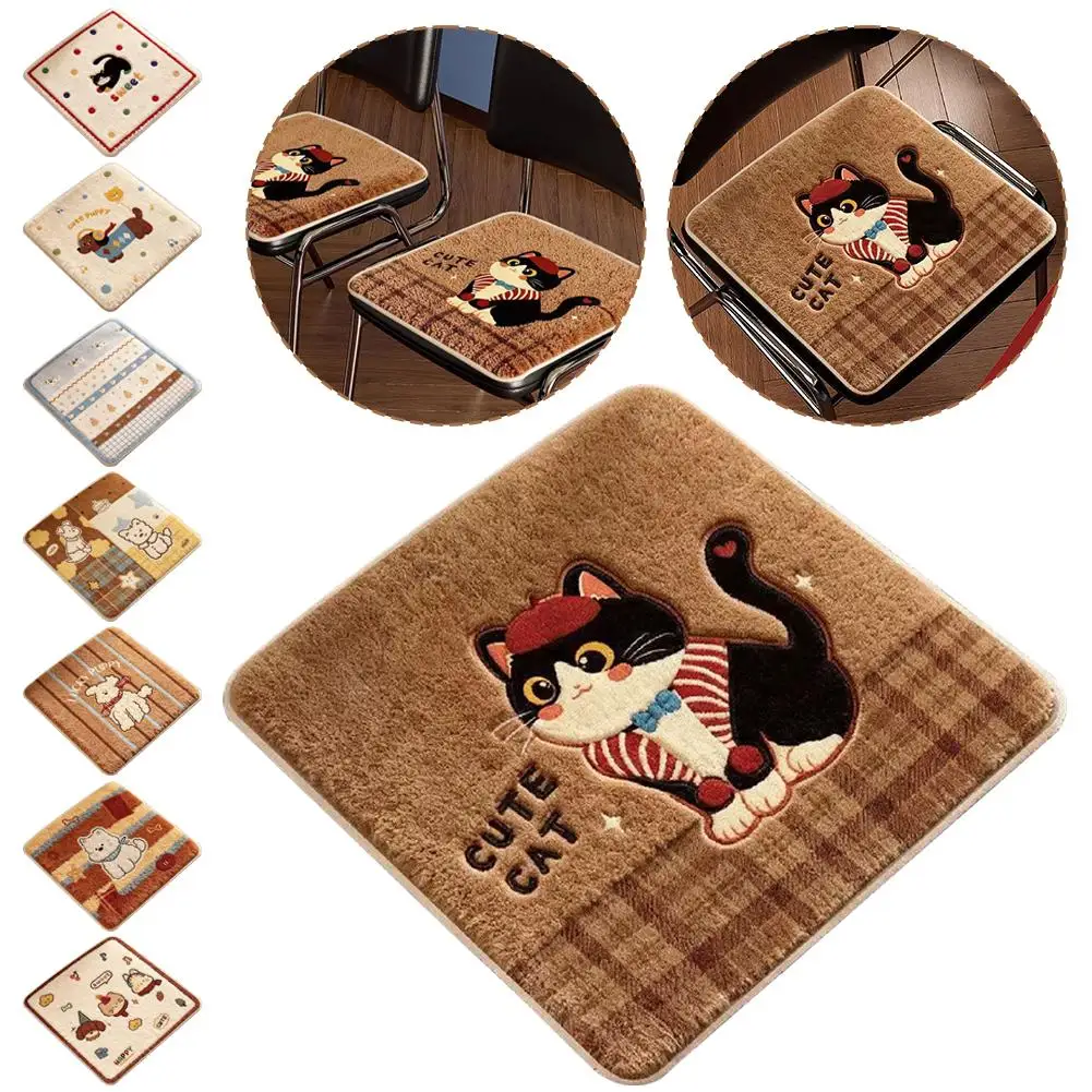 Cartoon Chair Cushion 40x40cm Thick Imitation Cashmere Non Slip Dining Pad Cute Cat Winter Warm Seat Mat Office Home Decor