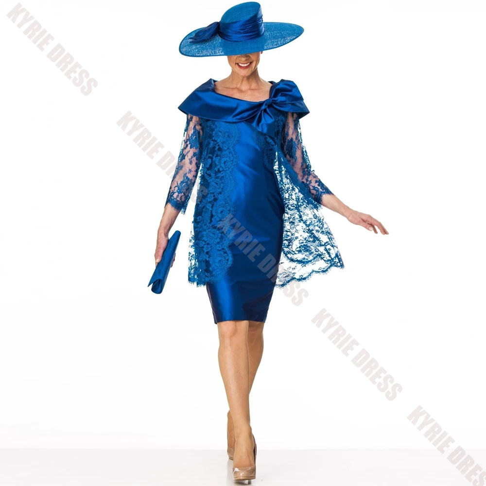 Fashion Mother of The Bride Dress Customized Lace Cape 3/4 Sleeves Column Knee Length for Wedding Guest Dress Party Evening Gown