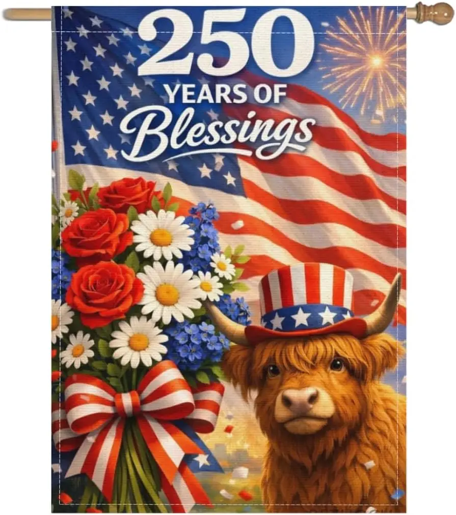 Blessings 250 Years America Garden Flag 28x40Inch,250 Anniversary USA Flag,Patriotic Highland Cow Independence Day Outdoor Y AAS