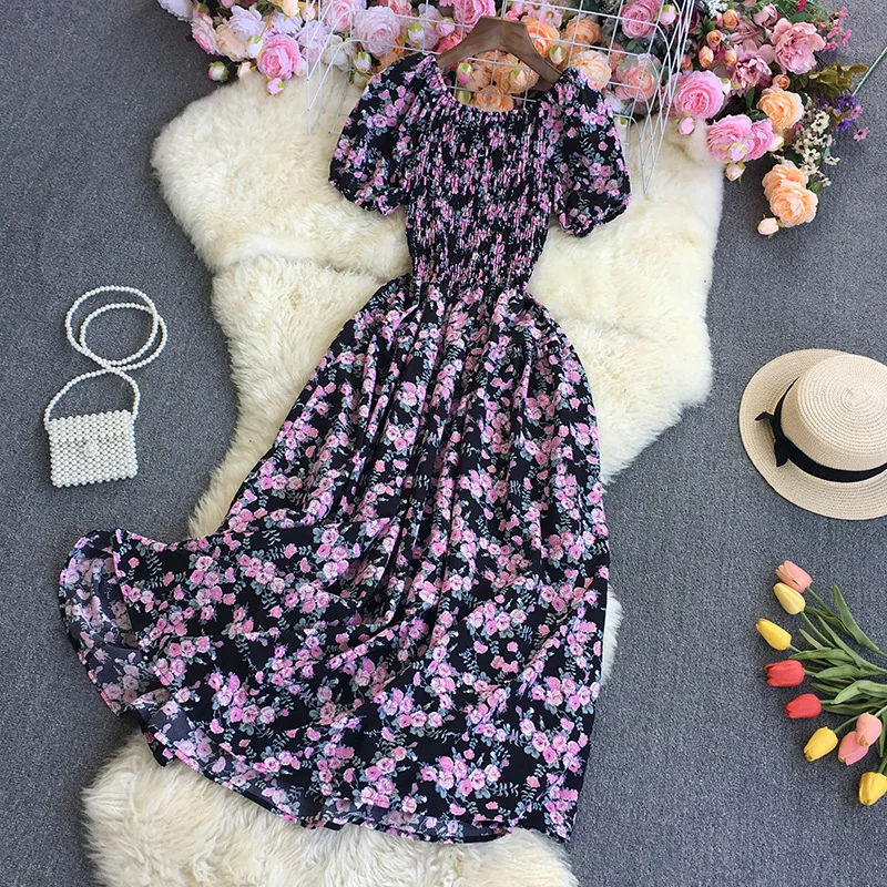 new Women\'s Clothing Dresses Gentle floral summer 2024 new French retro square neckline bubble sleeve straight neck long skirt
