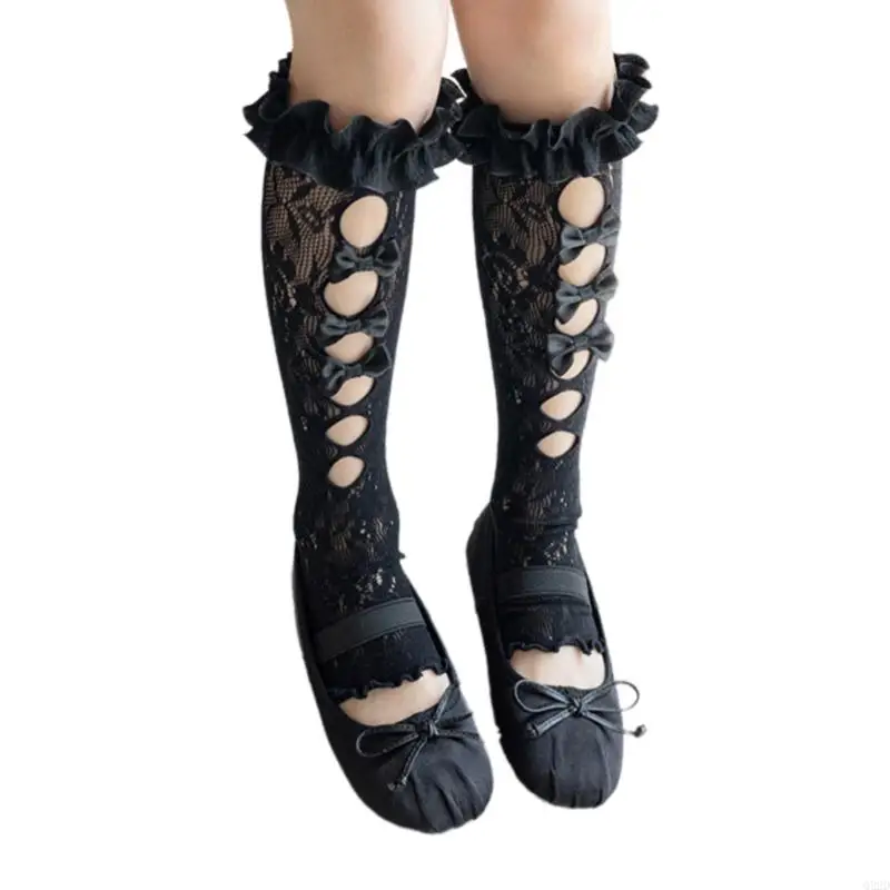 Q22D تدفئة الساق على شكل سويت ستايل للفتيات من الدانتيل بعقدة فيونكة ناعمة من مزيج القطن القابل للتمدد