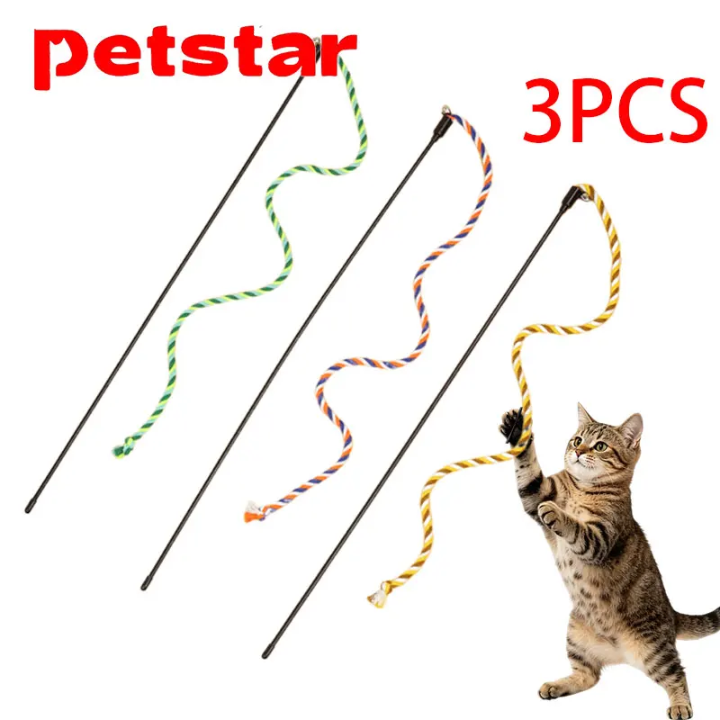 

1/3PCS Colorful Cotton Rope Cat Teasing Rod with Bell Long Handle Interactive Kitten Play Toy Bite Resistant Toy Pets Supplies
