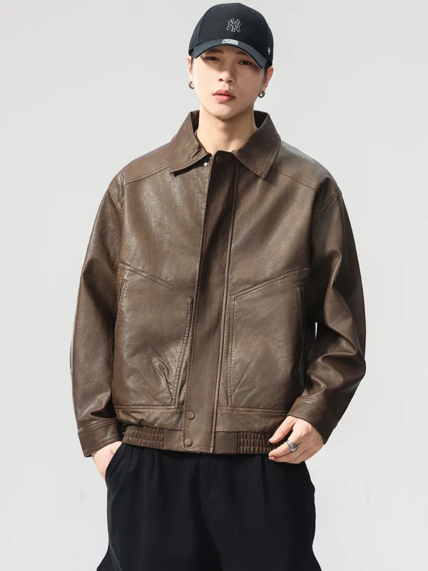 

American Retro Men's Leather Jaet Loose Motorcycle Casual Coat Autumn Winter New Sle Workwear Breathable Long Sve Zipper