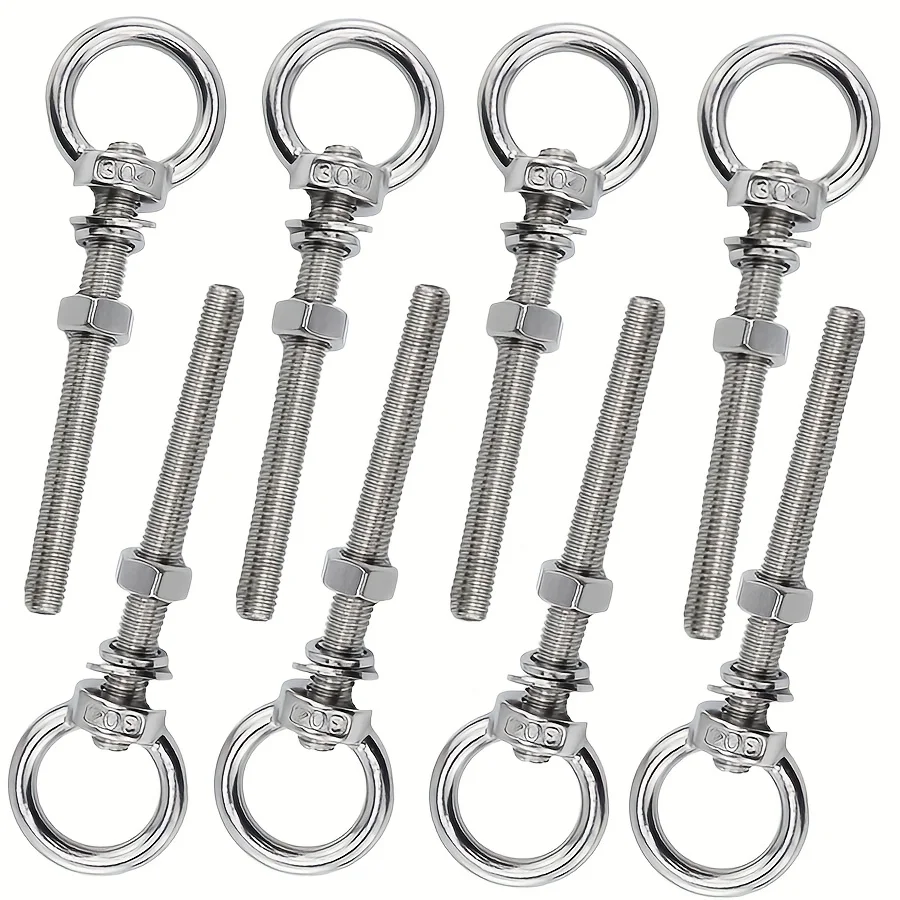 M6 and M8 304 Stainless Steel Lifting Eye Bolts, with Nuts and Washers, Heavy-Duty Screws, Suitable for Swing Board Tires, Binding Straps, and Secure Installation - Corrosion-Resistant, Adjustable Bolts, Secure Fastening, Standard Screw Design, Corrosion-Resistant Material
