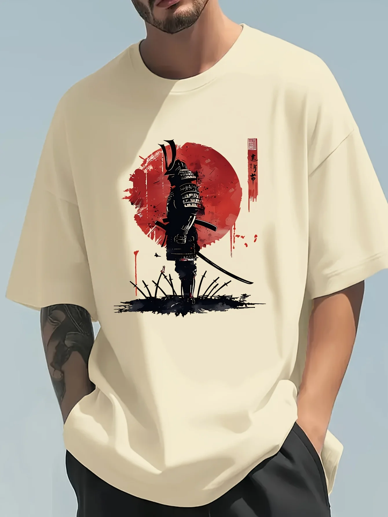 Men's Summer 100 Cotton Fashionable Casual Loose Japanese Samurai Pattern Printed Round Neck Short Sleeve T-shirt Top