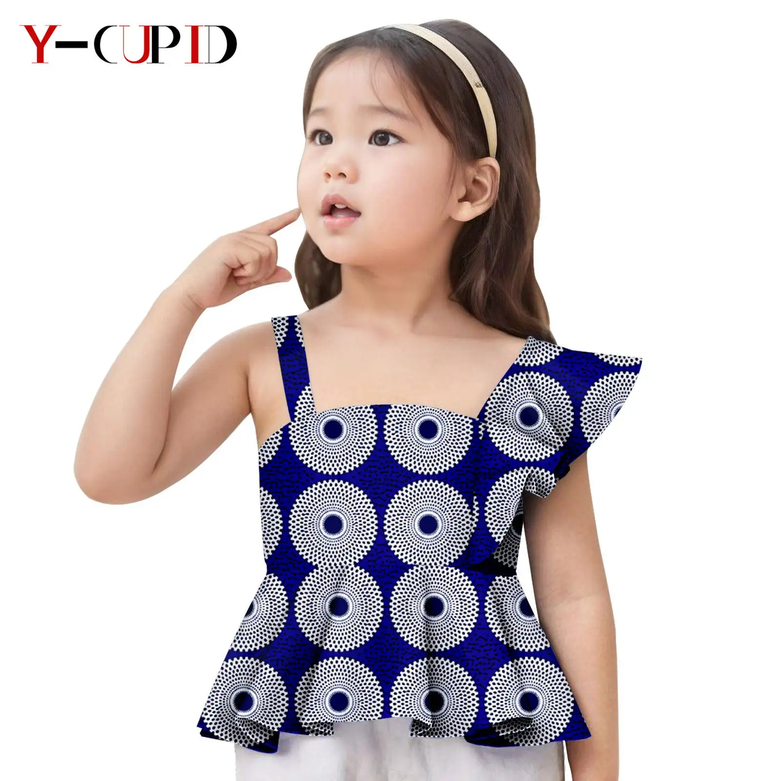 African Clothes for Kids Girls Ankara Print Irregular Sleeves Ruffles Crop Top Bazin Riche Summer Girl Children Outfits 2442001