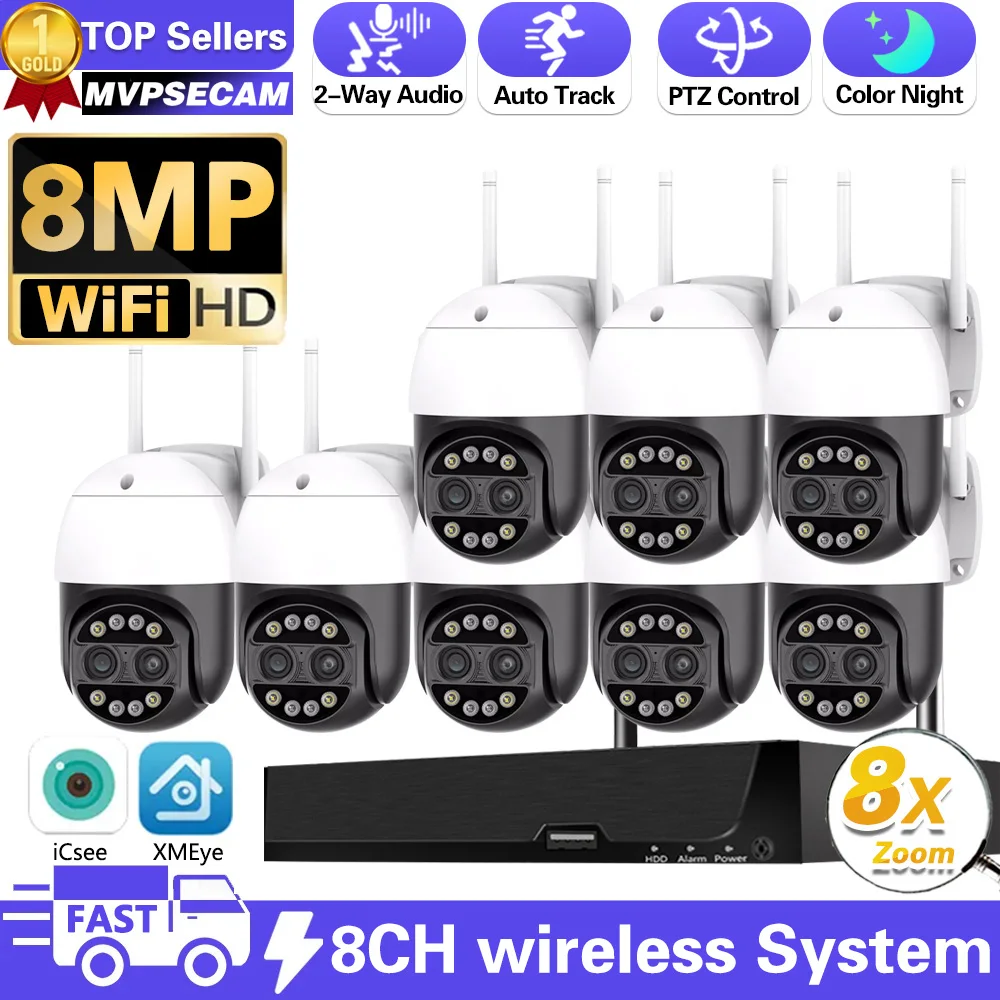 

8MP 8CH PTZ Wifi Camera Outdoor 8X Digital Zoom Human Detection Suveillance Night Vision Security Protection 8CH WiFi NVR Kits