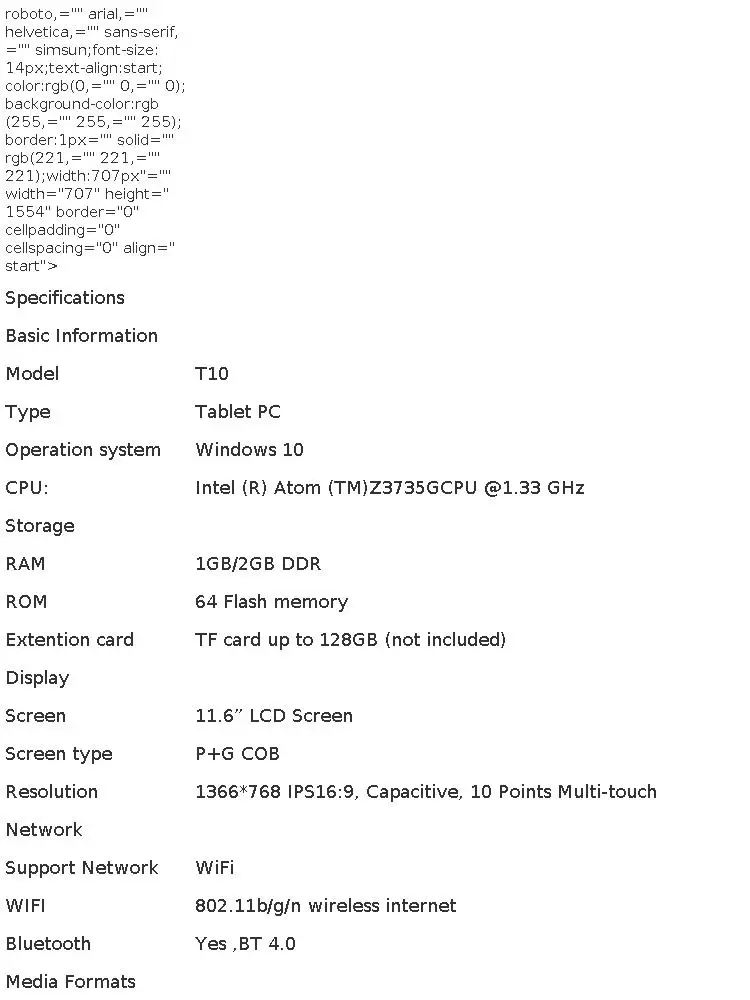 11.6'' Windows 10 T10 Tablet PC 2 in 1 Docking Keyboard 2GB DDR+64GB G12 Z8350 CPU 1366*768 IPS Touch Quad Core Dual Camera
