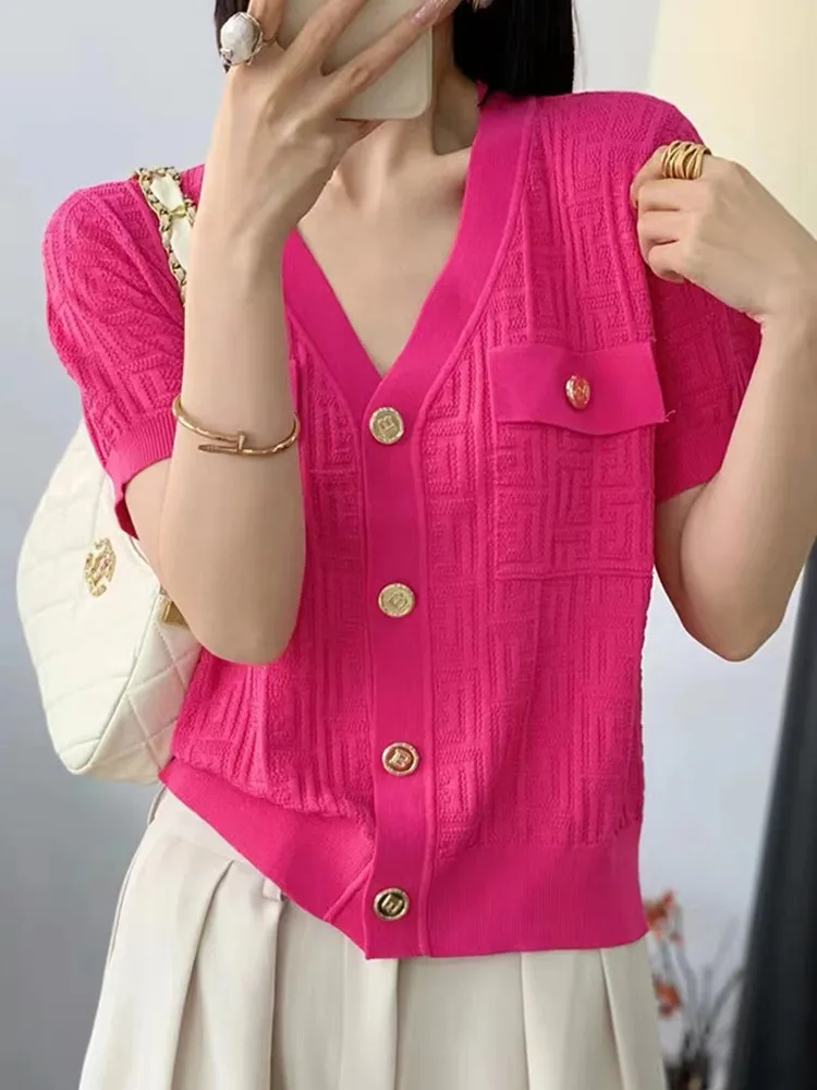 

High-End European Summer V-Ne Slimming Double ket ort Sve Loose Knitted Open Cardigan Sweet Sle Loose Fit Knitwear