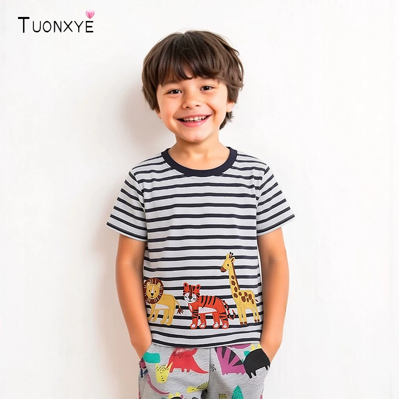TUONXYE Baby Boys T Shirt Animal Lion Tiger Giraffe Embroidery Kids Clothes Summer Dinosaur Boys Short Sleeve Shirts for Tops