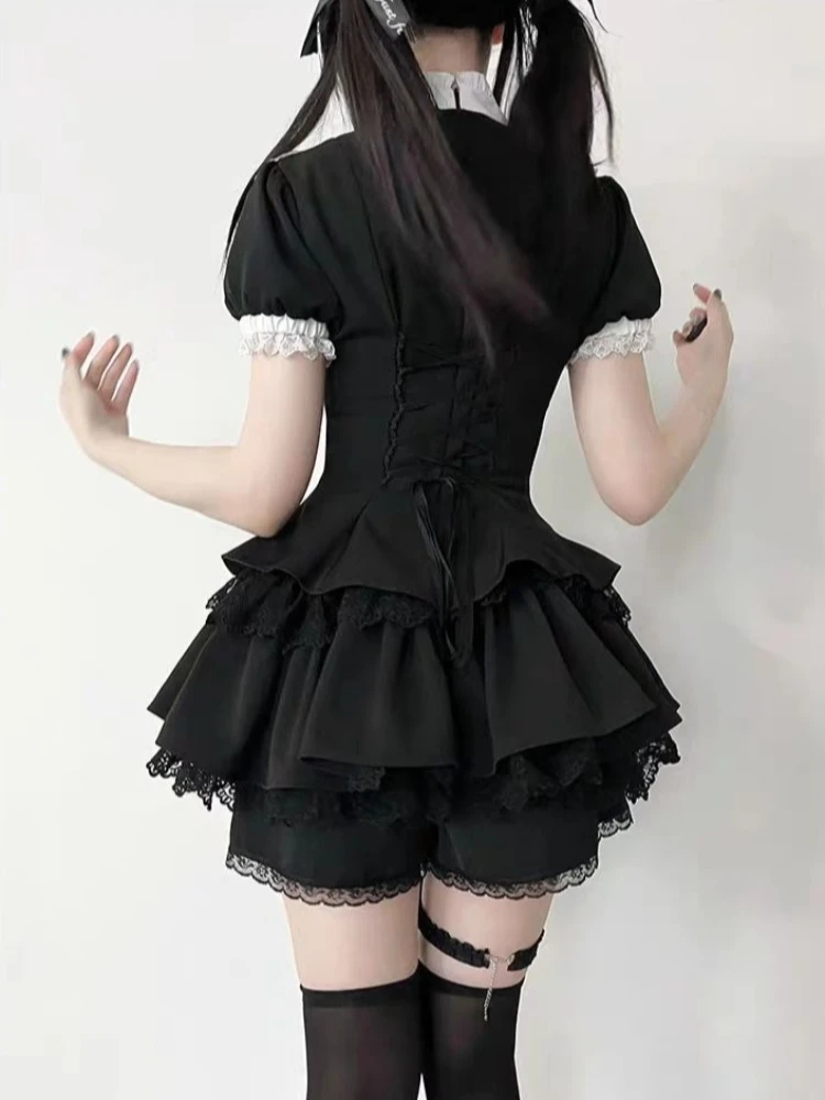 Conjunto de vestido de encaje Vintage gótico japonés para mujer, vestido ajustado Vintage de Lolita, Tops + pantalones cortos Y2K, conjuntos elegantes de moda de 2 piezas, nuevo