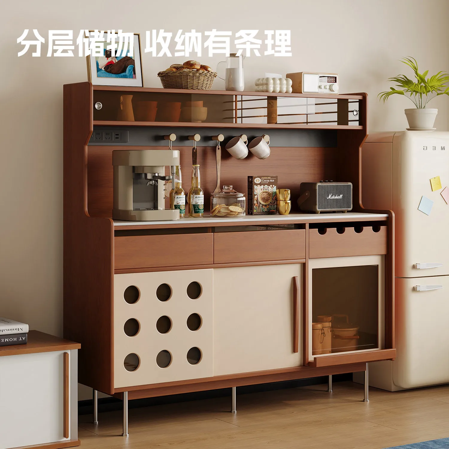 

Small apartment solid wood dining side rock slab storage against the wall integrated storage tea coffee cabinet