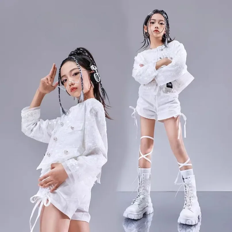 Jazz Teenager Kids Group Hip Hop Dance Performance Outfits Loose White Sequin Design Girls Walkout Clothes Set 10 12 13 14 Years