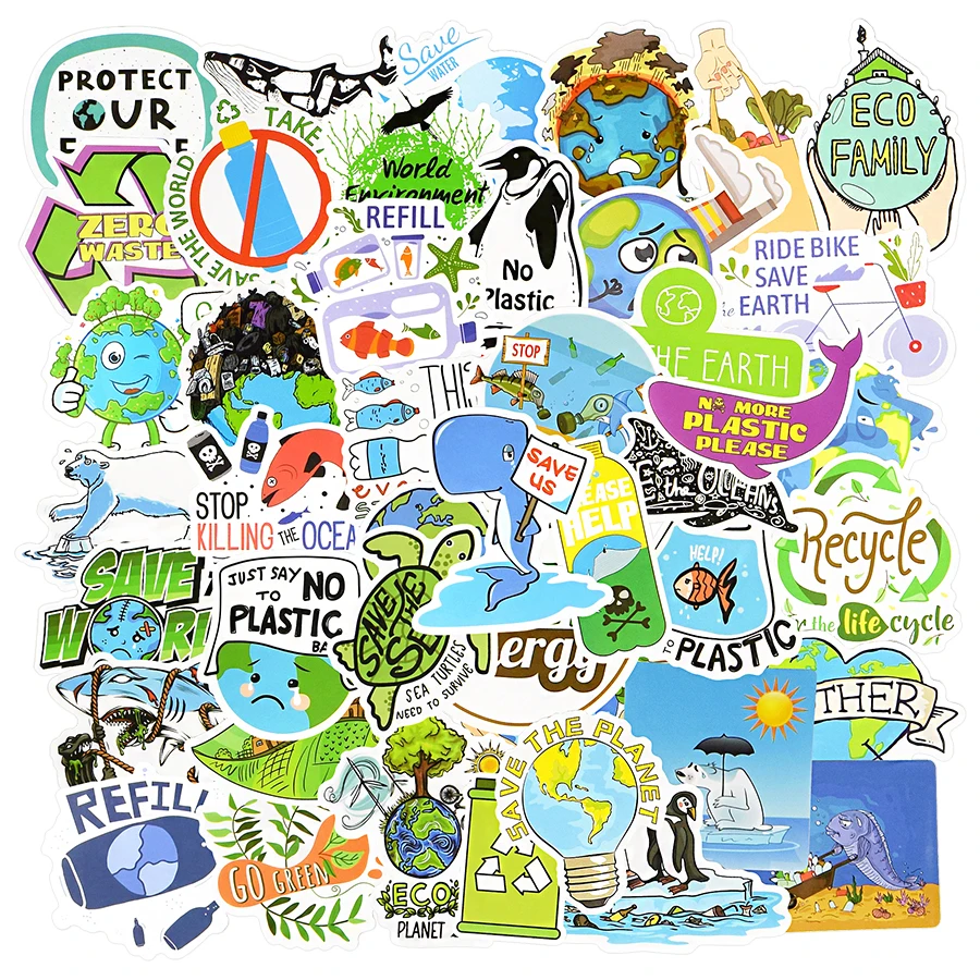 50 PCS Environment Green Stickers Gift Protect the Earth Publicity Cartoon Waterproof Stickers for Kid DIY Bike Laptop Car Decal