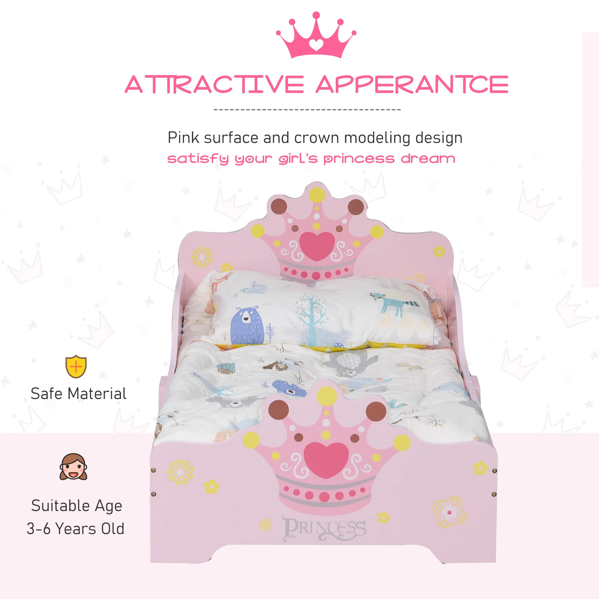HOMCOM Kids Toddler Bed Princess Crown Theme Safety Side Rails Slats Home Bedroom Furniture 3-6 Yrs Pink 143 x 73 x 60 cm