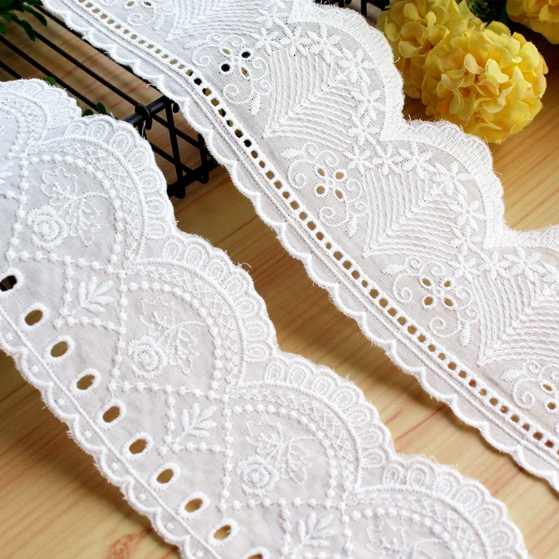 Cotton Embroidered Flower Lace Ribbon Trims, Dress Trims, Garments, Home Textile, Applique Sewing, DIY, 2Yards, Off White