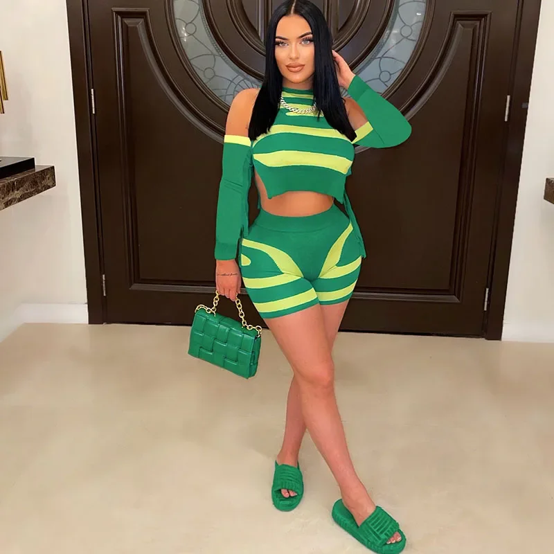 

Spring Summer Striped Knitted 2 Piece Sets Women Outfit Party Club Cold Shoulder Crop Top and Shorts Sweater Matching Sets