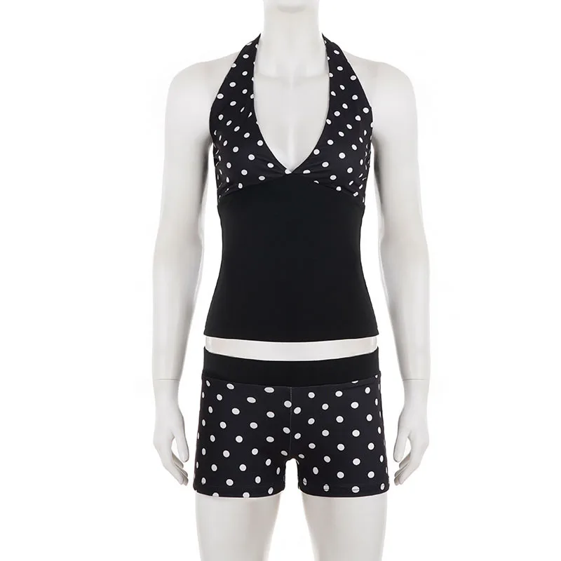 Sexy Outfits Y2k Kontrast-Polka-Dot-Neckholder-Crop-Top und über dem Knie liegende, hoch taillierte, figurbetonte Mini-Shorts für Damen, Streetwear – Detail 10