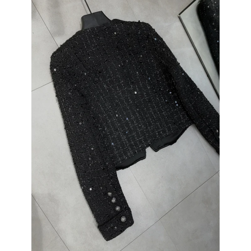 Black Sequins Wool Tweed O Neck Short Coat Small Fragrance Casual Fashion Pockets Korea Chic Daily Women Jacket Autumn Winter