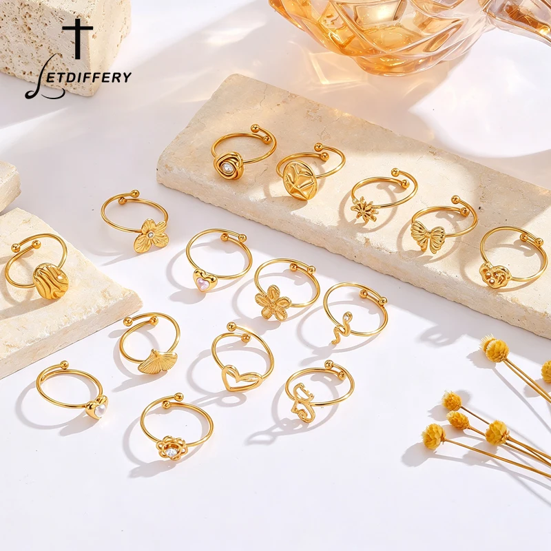 Letdiffery Ins Minimalist Multi-style Rings Stainless Steel Butterfly Flower Heart Rose Adjustable  Ring Women Fashion Jewelry