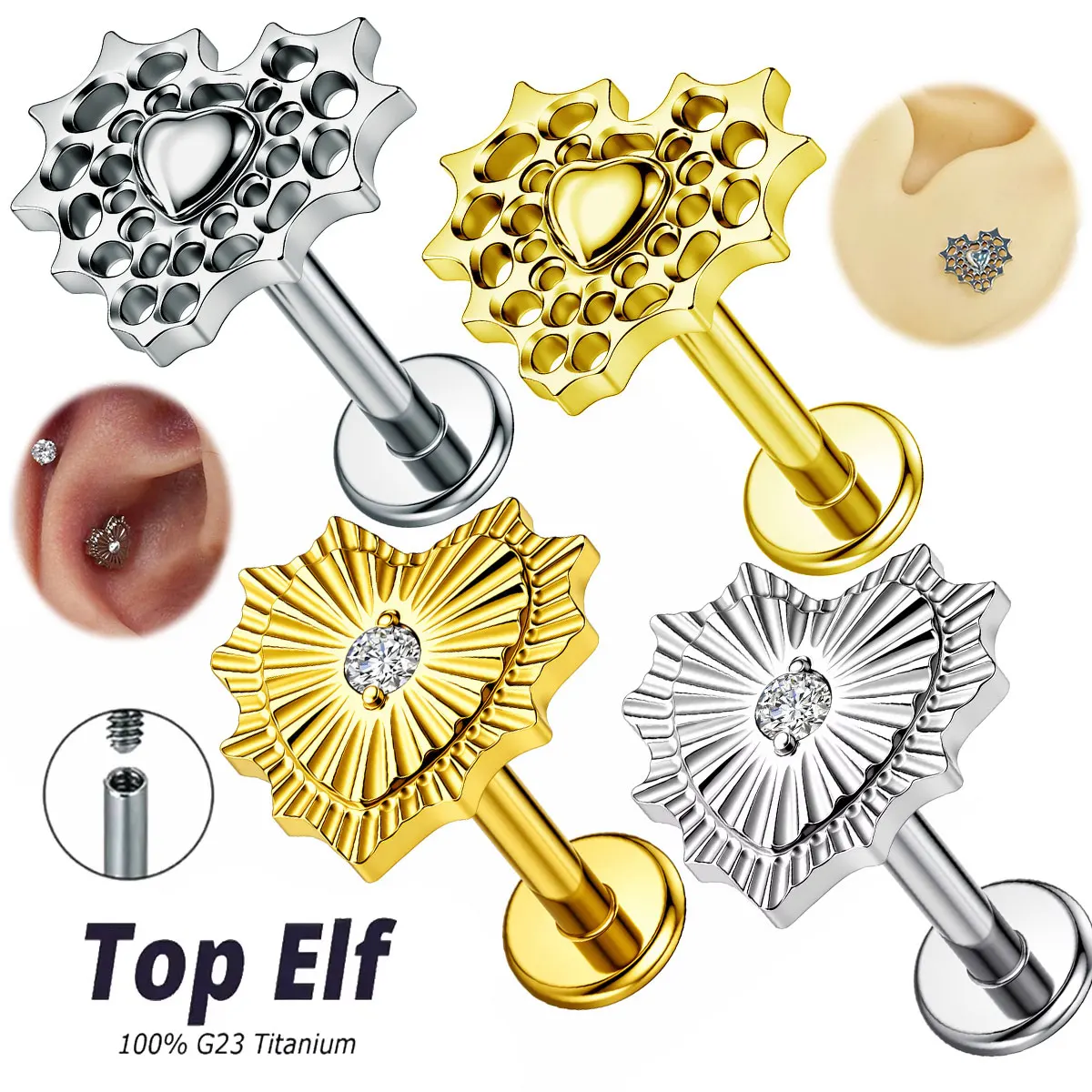 Hot Selling 16G Bad Romance Heart Piercing ASTM F136 Titanium Internally Threaded Ear Cartilage Helix Labret Stud