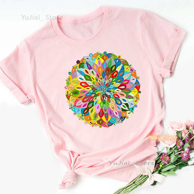 2024 Hot Sale Funny Pink T Shirt Girls Rainbow Mandala Meditation Tshirt Women Summer Fashion Tops Tee Shirt Femme Streetwear