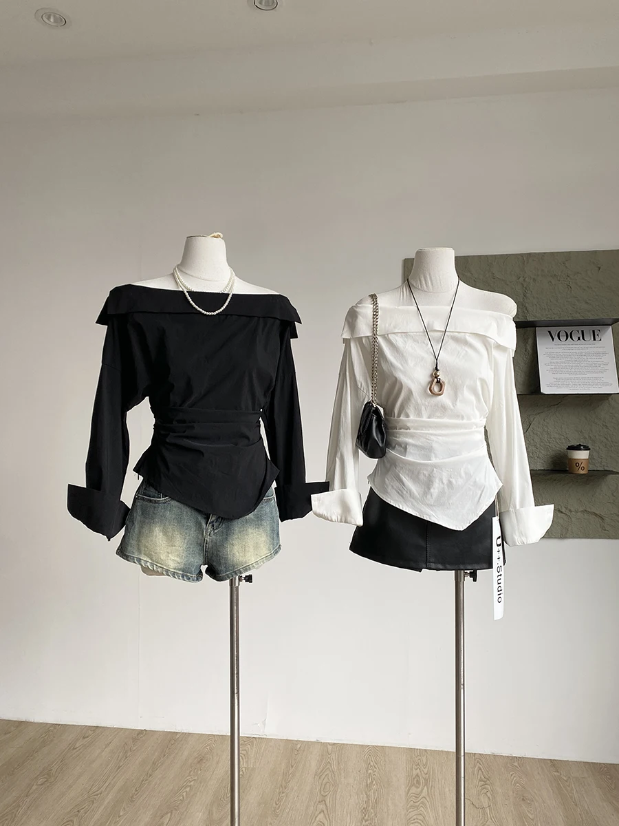 

Женская модная рубашка на раннюю осень 2025 года: простой дизайн, с рюшами, на одно плечо, с завышенной талией, длинный рукав, для офиса, из полиэфирного волокна