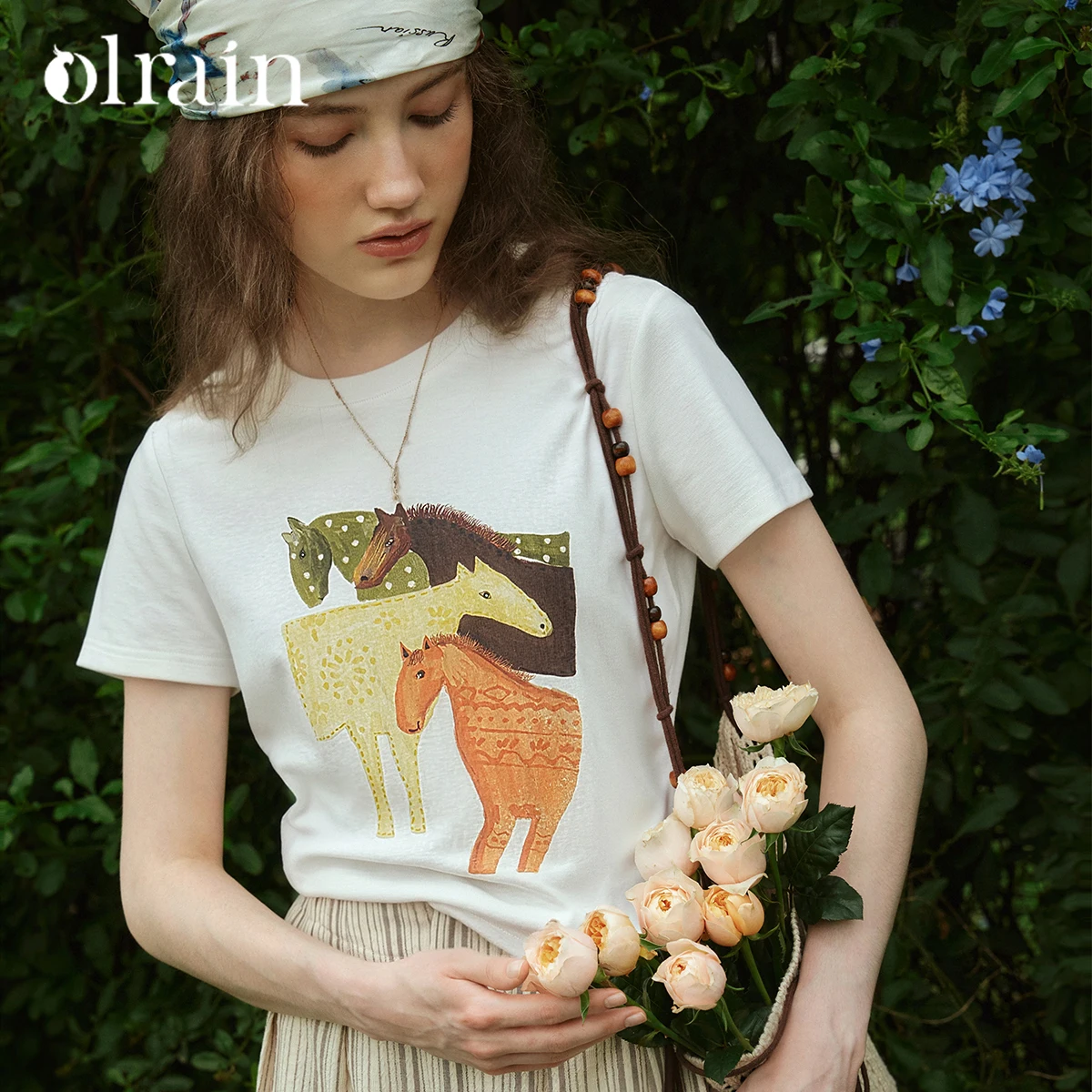 OLrain Retro Stylish Horse Direct Print Short Sleeve Tee 2026 Summer Casual Commuter Round Neck Loose Top Women O58XT006609