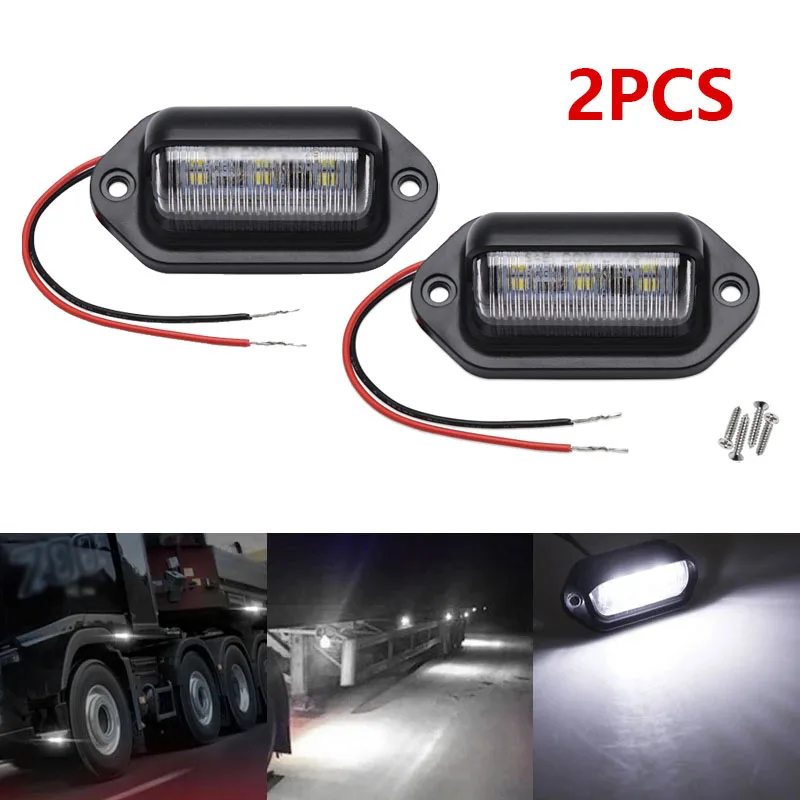 2PCS White LED License Plate Light 12V 24V DC Truck Side Marker Lights 6 LED Bulbs For SUV Trailer Motorcycle Car Signal Lamp